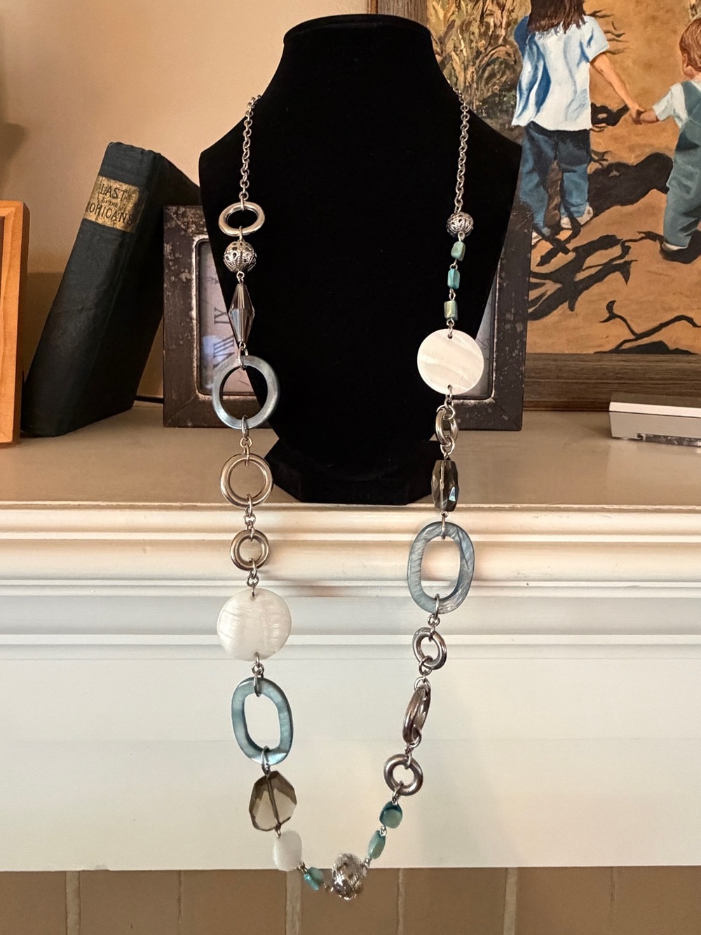 🐼 Lia Sophia Long Beaded Statement Necklace in Seafoam Blue and Silver #0198